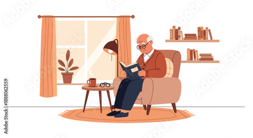 Independent elderly man reading a book comfortably at home, modern flat vector style representing peaceful lifestyle, mental wellness, and active aging