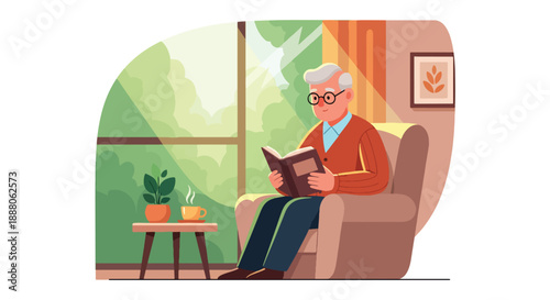 Independent elderly man reading a book comfortably at home, modern flat vector style representing peaceful lifestyle, mental wellness, and active aging