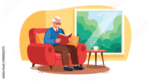 Independent elderly man reading a book comfortably at home, modern flat vector style representing peaceful lifestyle, mental wellness, and active aging