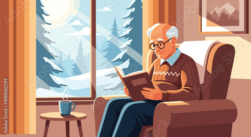 Independent elderly man reading a book comfortably at home, modern flat vector style representing peaceful lifestyle, mental wellness, and active aging