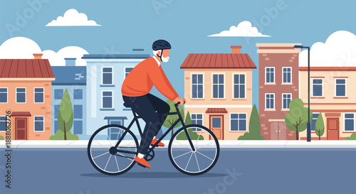 Independent elderly man cycling in a quiet neighborhood, flat vector style showing mobility, fitness, freedom, and active senior lifestyle
