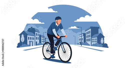 Independent elderly man cycling in a quiet neighborhood, flat vector style showing mobility, fitness, freedom, and active senior lifestyle