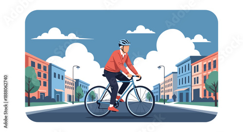 Independent elderly man cycling in a quiet neighborhood, flat vector style showing mobility, fitness, freedom, and active senior lifestyle