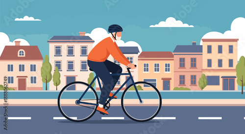 Independent elderly man cycling in a quiet neighborhood, flat vector style showing mobility, fitness, freedom, and active senior lifestyle