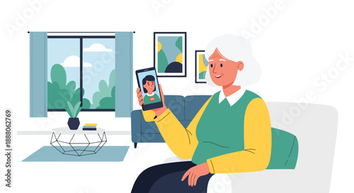 Elderly woman using smartphone for video call at home, modern flat vector style showing digital inclusion, independent living, and connected senior lifestyle