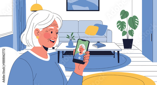 Elderly woman using smartphone for video call at home, modern flat vector style showing digital inclusion, independent living, and connected senior lifestyle