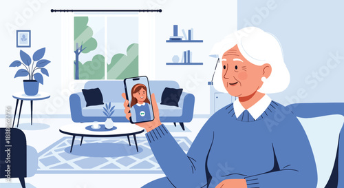 Elderly woman using smartphone for video call at home, modern flat vector style showing digital inclusion, independent living, and connected senior lifestyle