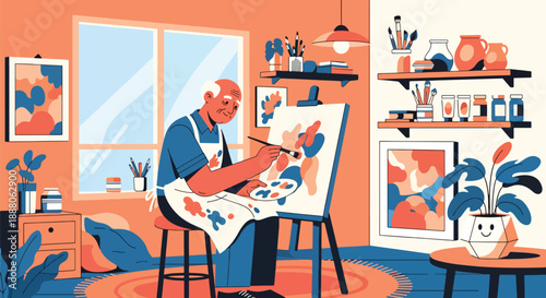 Elderly man painting on canvas in a small studio, flat vector illustration representing creativity, independent living, and artistic aging lifestyle