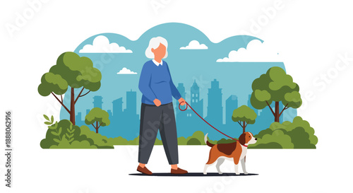 Elderly woman walking her dog in a park, modern flat vector style showing active lifestyle, companionship, independent aging, and outdoor mobility