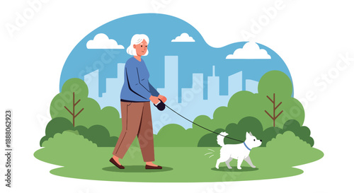 Elderly woman walking her dog in a park, modern flat vector style showing active lifestyle, companionship, independent aging, and outdoor mobility