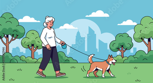 Elderly woman walking her dog in a park, modern flat vector style showing active lifestyle, companionship, independent aging, and outdoor mobility