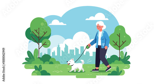 Elderly woman walking her dog in a park, modern flat vector style showing active lifestyle, companionship, independent aging, and outdoor mobility