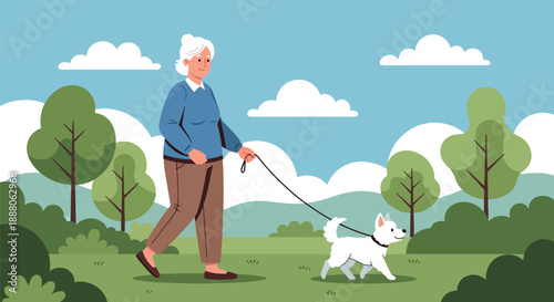 Elderly woman walking her dog in a park, modern flat vector style showing active lifestyle, companionship, independent aging, and outdoor mobility