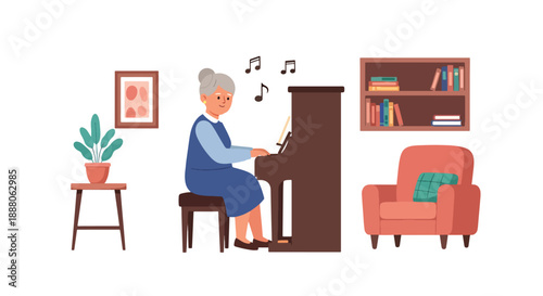 Elderly woman playing piano at home, modern flat vector style showing cultural hobby, creativity, independent aging, and joyful lifestyle