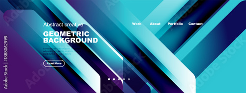 Modern website header design. Gradient colors, geometric shapes, navigation menu present. Text includes background, work, about.