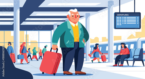 Elderly man traveling alone with suitcase at a train station, flat vector illustration showing independence, mobility, and confident senior lifestyle