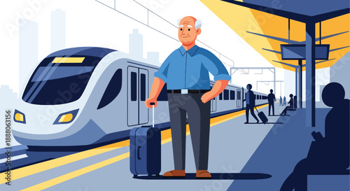 Elderly man traveling alone with suitcase at a train station, flat vector illustration showing independence, mobility, and confident senior lifestyle