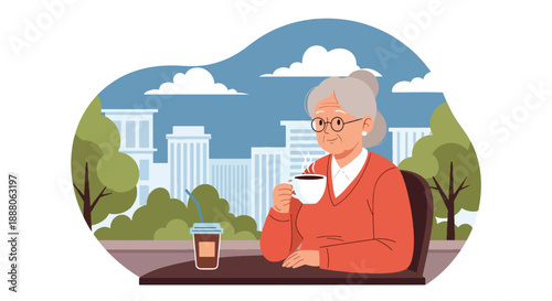 Elderly woman enjoying coffee alone at an outdoor café, flat vector style showing leisure, independence, and relaxed senior lifestyle