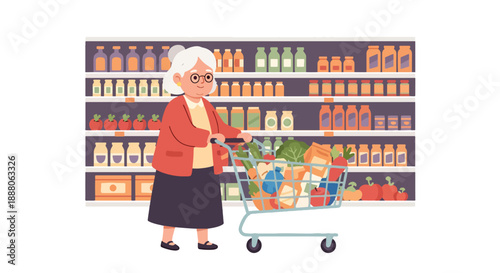 Elderly woman pushing a grocery cart in supermarket, flat vector style showing daily independence and active senior lifestyle