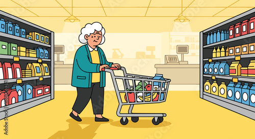 Elderly woman pushing a grocery cart in supermarket, flat vector style showing daily independence and active senior lifestyle