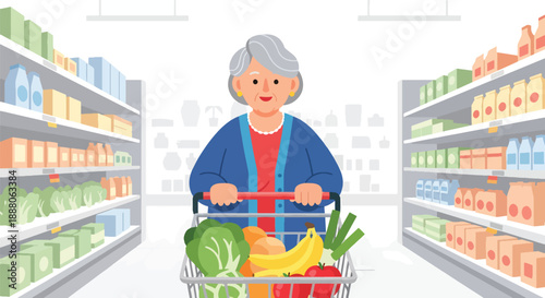 Elderly woman pushing a grocery cart in supermarket, flat vector style showing daily independence and active senior lifestyle