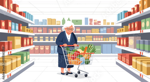 Elderly woman pushing a grocery cart in supermarket, flat vector style showing daily independence and active senior lifestyle