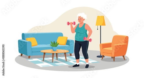 Elderly woman exercising with light weights at home, flat vector style showing health awareness, independence, and active senior lifestyle