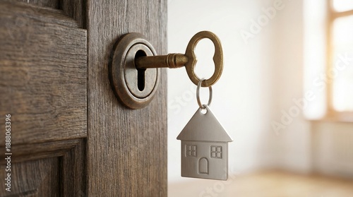 Old fashioned Brass Key with a House shaped Keyring in a Rustic Wooden Door Slightly Ajar, Symbolizing a New Home