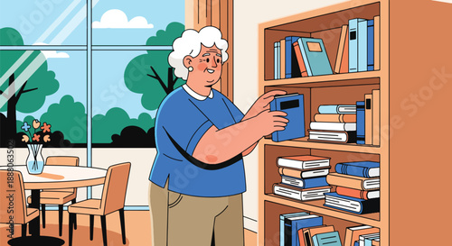 Elderly woman volunteering at a library community center, flat vector style showing active social life, independence, and positive aging lifestyle