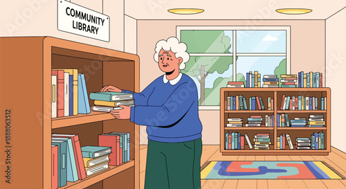 Elderly woman volunteering at a library community center, flat vector style showing active social life, independence, and positive aging lifestyle