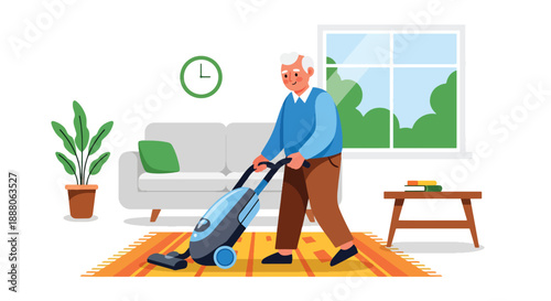 Elderly man cleaning his home confidently, flat vector illustration showing self-sufficiency, independence, and active senior lifestyle