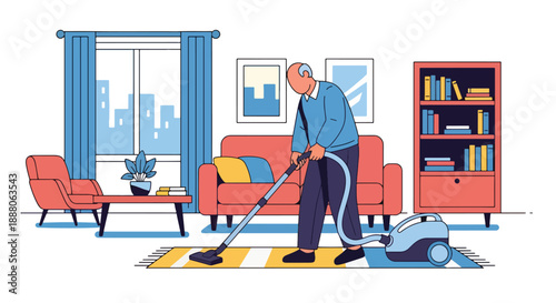 Elderly man cleaning his home confidently, flat vector illustration showing self-sufficiency, independence, and active senior lifestyle