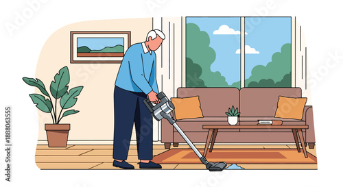 Elderly man cleaning his home confidently, flat vector illustration showing self-sufficiency, independence, and active senior lifestyle