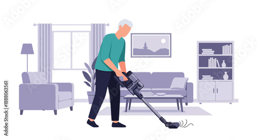 Elderly man cleaning his home confidently, flat vector illustration showing self-sufficiency, independence, and active senior lifestyle
