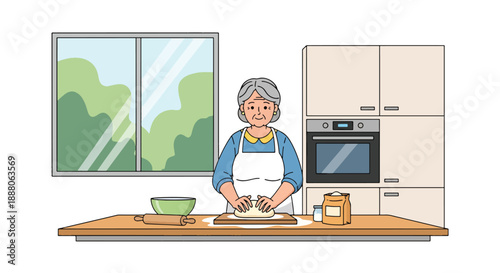 Elderly woman baking bread in her kitchen, modern flat vector style showing creativity, independence, and joyful senior lifestyle