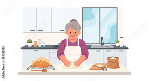 Elderly woman baking bread in her kitchen, modern flat vector style showing creativity, independence, and joyful senior lifestyle