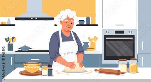 Elderly woman baking bread in her kitchen, modern flat vector style showing creativity, independence, and joyful senior lifestyle