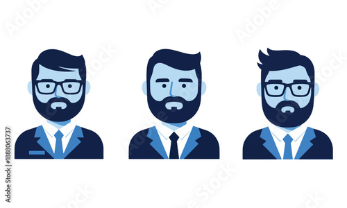 Three businessmen with beards and glasses in blue suits and ties on white background