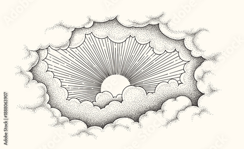 Dramatic sunrise breaking through clouds over rolling hills in vintage woodcut engraving illustration
