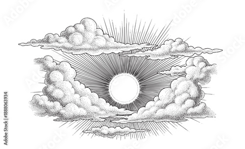 Striking Sunburst Over Mountain Peaks and Clouds in Engraved Style. Vector hand drawn illustration
