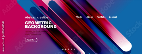 Abstract website header design. Geometric shapes, vibrant colors, text elements present. Navigation menu visible, modern aesthetic.