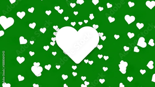 A large white heart with many smaller white hearts floating around it on a bright green background