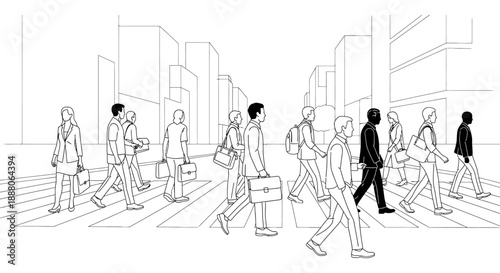 business people walking across a city street crosswalk during rush hour depicting busy urban professional life and the daily commute