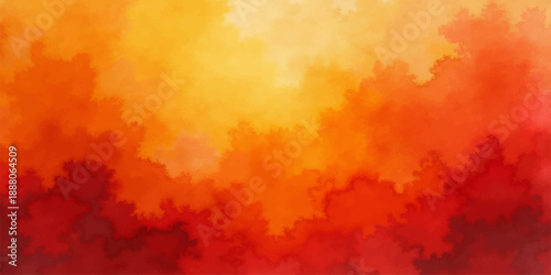 Vibrant abstract watercolor grunge background with red and yellow paint textures creates a hot orange fire explosion effect with vintage smoke patterns and intense energy