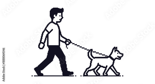 pixel art man walking dog on a leash a minimalist graphic illustration depicting daily pet care and healthy outdoor activity for digital design.