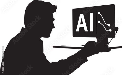Silhouette of a man looking at a computer screen displaying AI