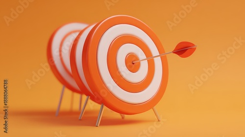3D targets on an orange background, with the foremost target being struck directly in the bullseye by an arrow.