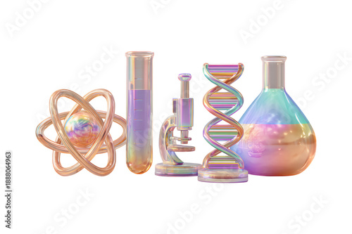 Iridescent Science Equipment Collection on White Background.