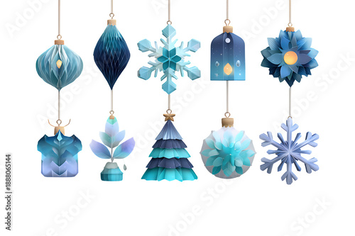 Collection of blue and teal watercolor Christmas ornaments hanging.