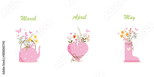 Vector illustration on the theme of spring. The months are March, April, and May. Spring flowers.